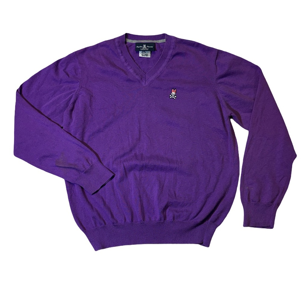 Psycho Bunny mens M Medium purple solid 100% cotton v-neck sweater READ